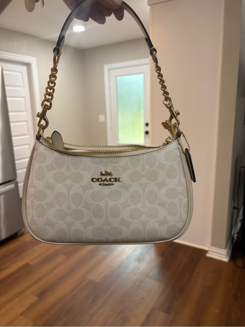 Coach Cream Signature Canvas Shoulder Bag with Gold Hardware